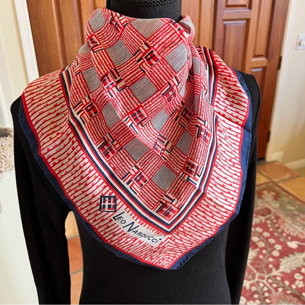 Vintage Leo Narducci Silk Scarf Red Blue Geometric Pattern Square 22”
